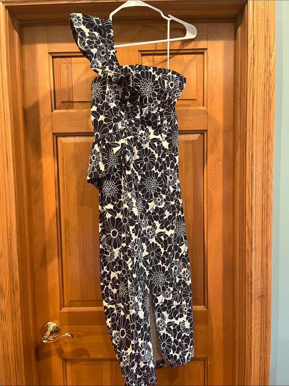 Anthropologie Black and White One-Shoulder Floral Midi Dress